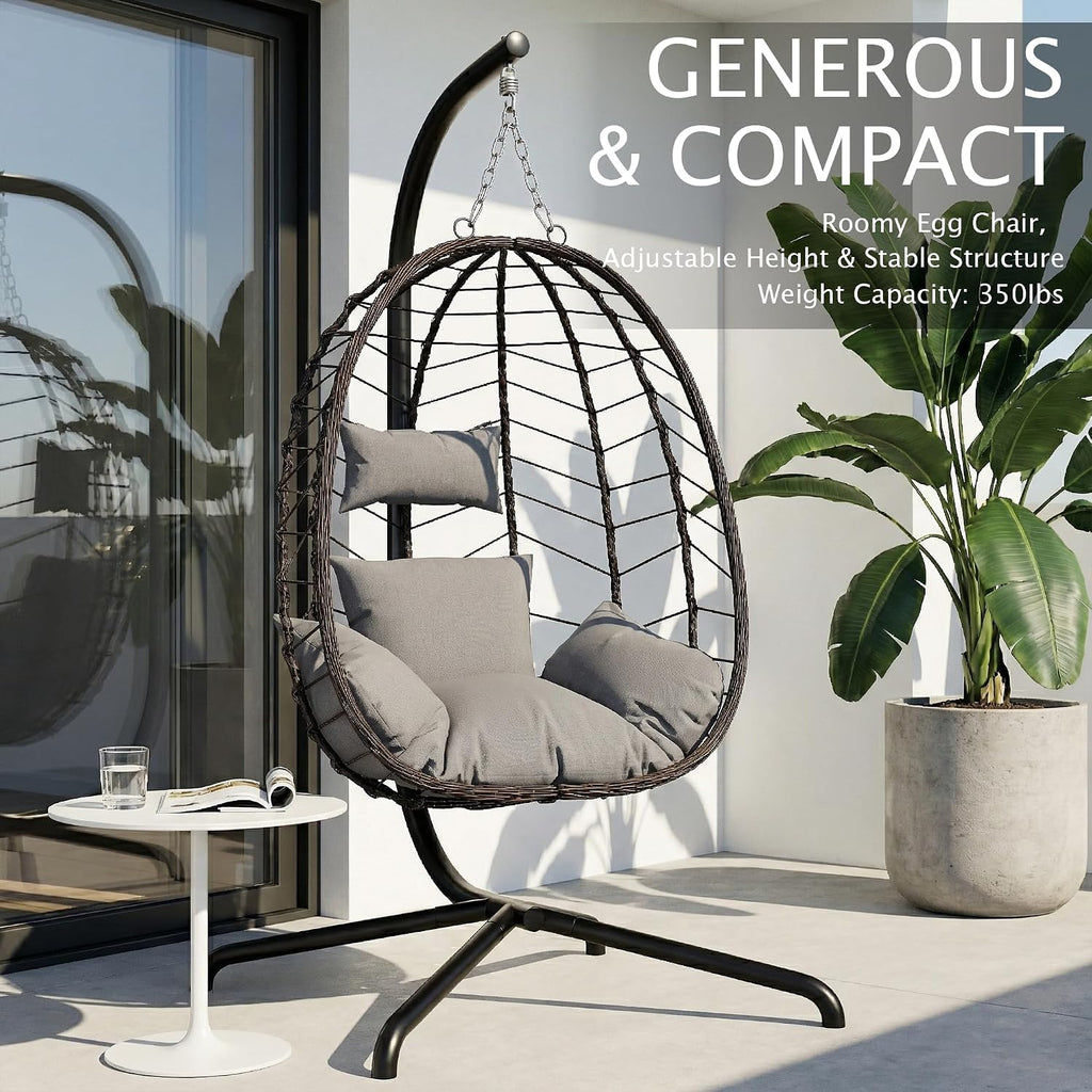 LEX CRAFT Hanging Egg Chair with Stand, Swinging Egg Chair Outdoor Indoor, Hanging Basket Chair with Cushion, Patio Wicker Hammock Chair 350lbs Capacity for Porch, Balcony, Backyard, Garden (Grey1)