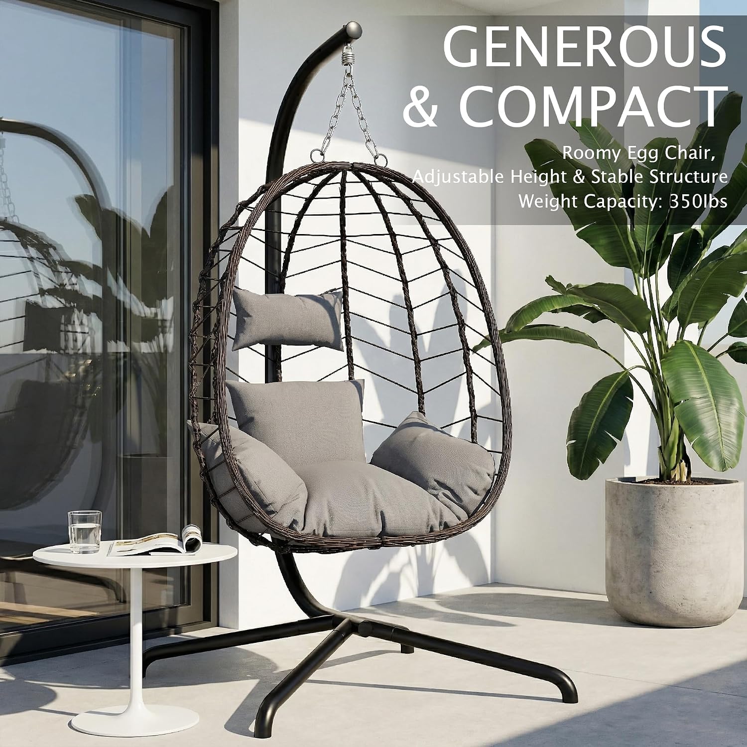 LEX CRAFT Hanging Egg Chair with Stand, Swinging Egg Chair Outdoor Indoor, Hanging Basket Chair with Cushion, Patio Wicker Hammock Chair 350lbs Capacity for Porch, Balcony, Backyard, Garden (Grey1)