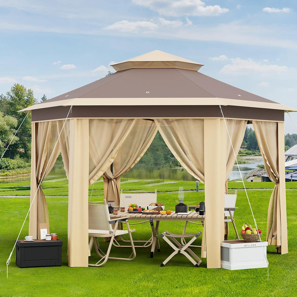 13'x13' Pop Up Gazebo with Mosquito Netting, Canopy Tent with Portable Carry Bag, Outdoor Gazebo for Backyard & Patio Furniture, Double-Layer Outdoor Pergola for Lawn, Garden, Khaki Beige