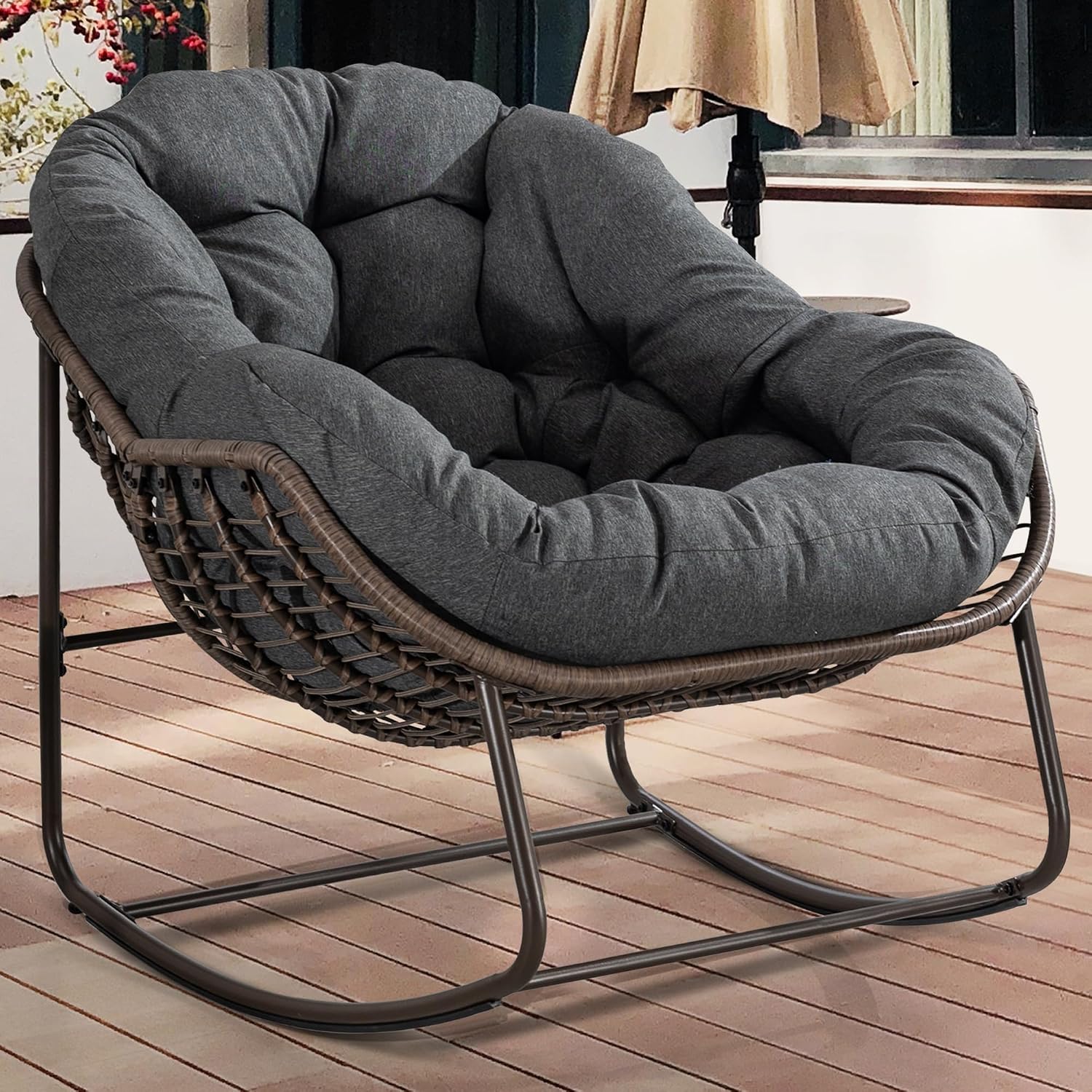 HOMEFUN Outdoor Patio Rocking Chairs, Oversized Papasan Rock Chair Indoor with Padded Cushion - Rocker Egg for Front Porch, Garden, Backyard Gray