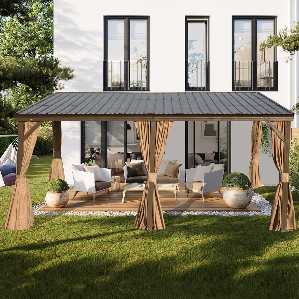 Domi 12x16FT Wall-Mounted Hardtop Gazebo, Aluminum Lean to Gazebo with Galvanized Steel Sloping Roof, Curtains & Netting for Outdoor Patio, Deck, Backyard, Garden Parties