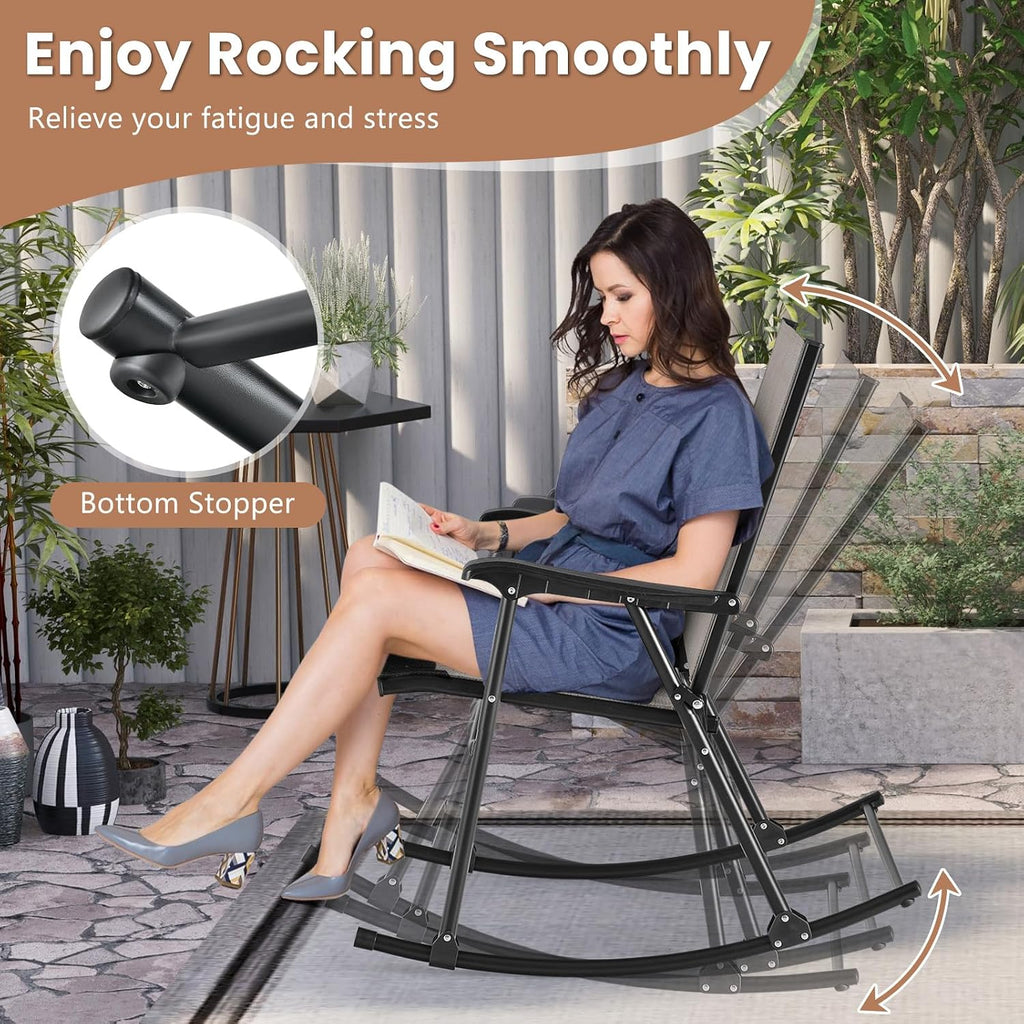 Tangkula Folding Rocking Chairs Set of 2, Patio Rockers with Breathable Seat Fabric & Sturdy Metal Frame, Smooth Rocking Motion, Heavy-Duty Outdoor Rocker for Backyard, Front Porch