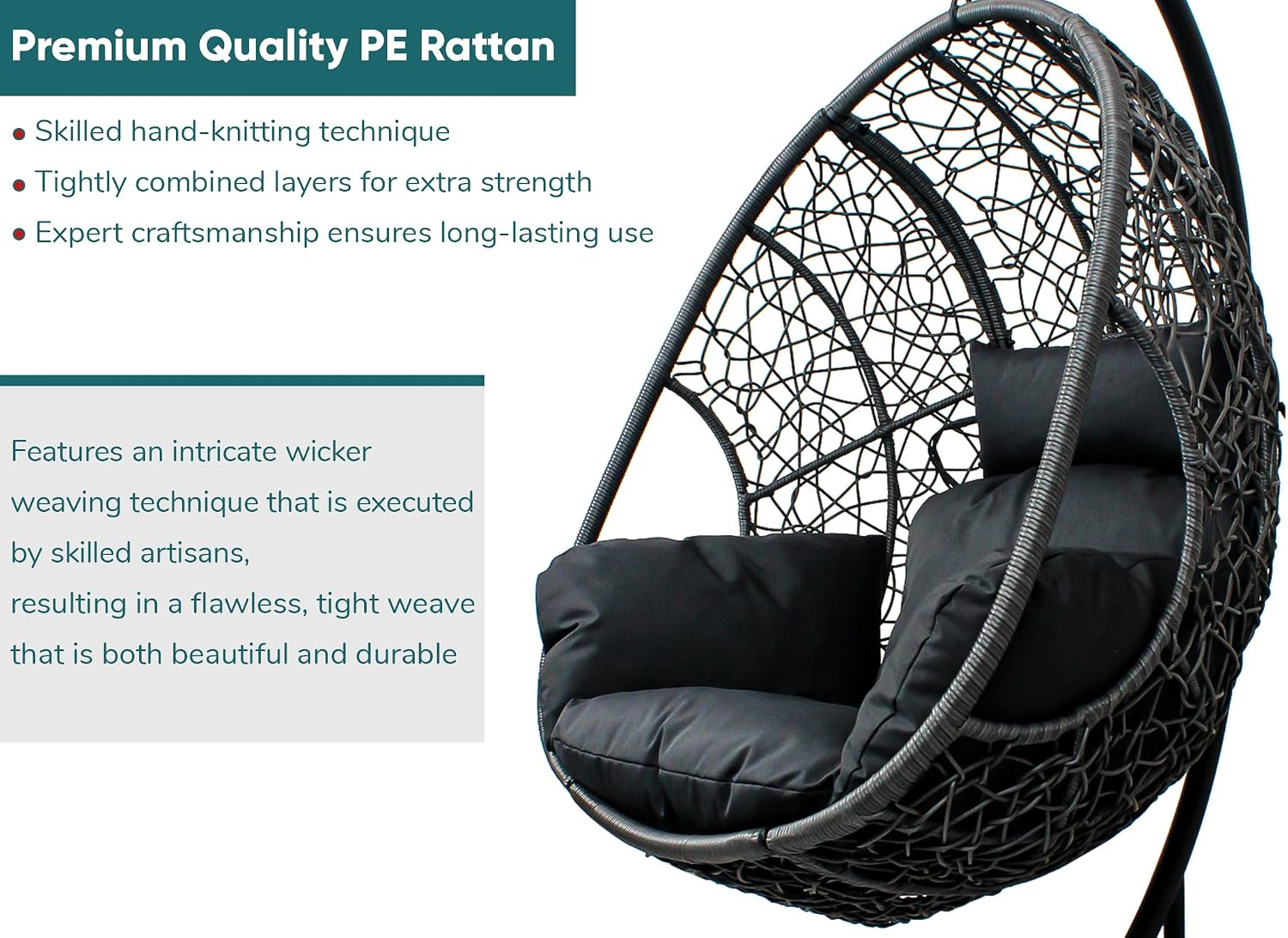 JOYBASE Hanging Egg Chair with Stand, Oversized Patio Swing Chair with Stand and Cushion, Hammock Wicker Rattan Lounge Chair for Indoor Outdoor Backyard Garden (Dark Grey)
