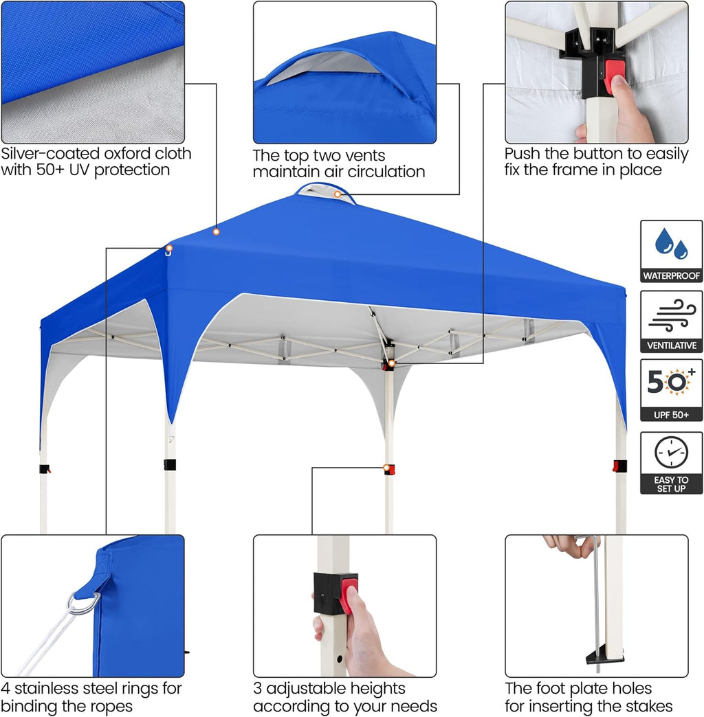 Yaheetech 10x10 Pop Up Canopy Tent with Vent, Easy Set Up Tent, Instant Sun Shelter Canopy with Wheeled Bag, 4 Sandbags, 12 Stakes & 4 Ropes, for Parties, Beach, Outdoor, Blue
