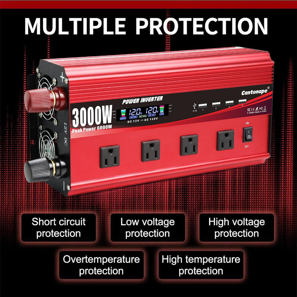 Cantonape 3000W Power Inverter 12V to 110V/120V DC to AC with LCD Display, Remote Controller 4 x AC Outlets and 4 x 3.1A USB Car Adapter for Car Truck Boat RV Solar System