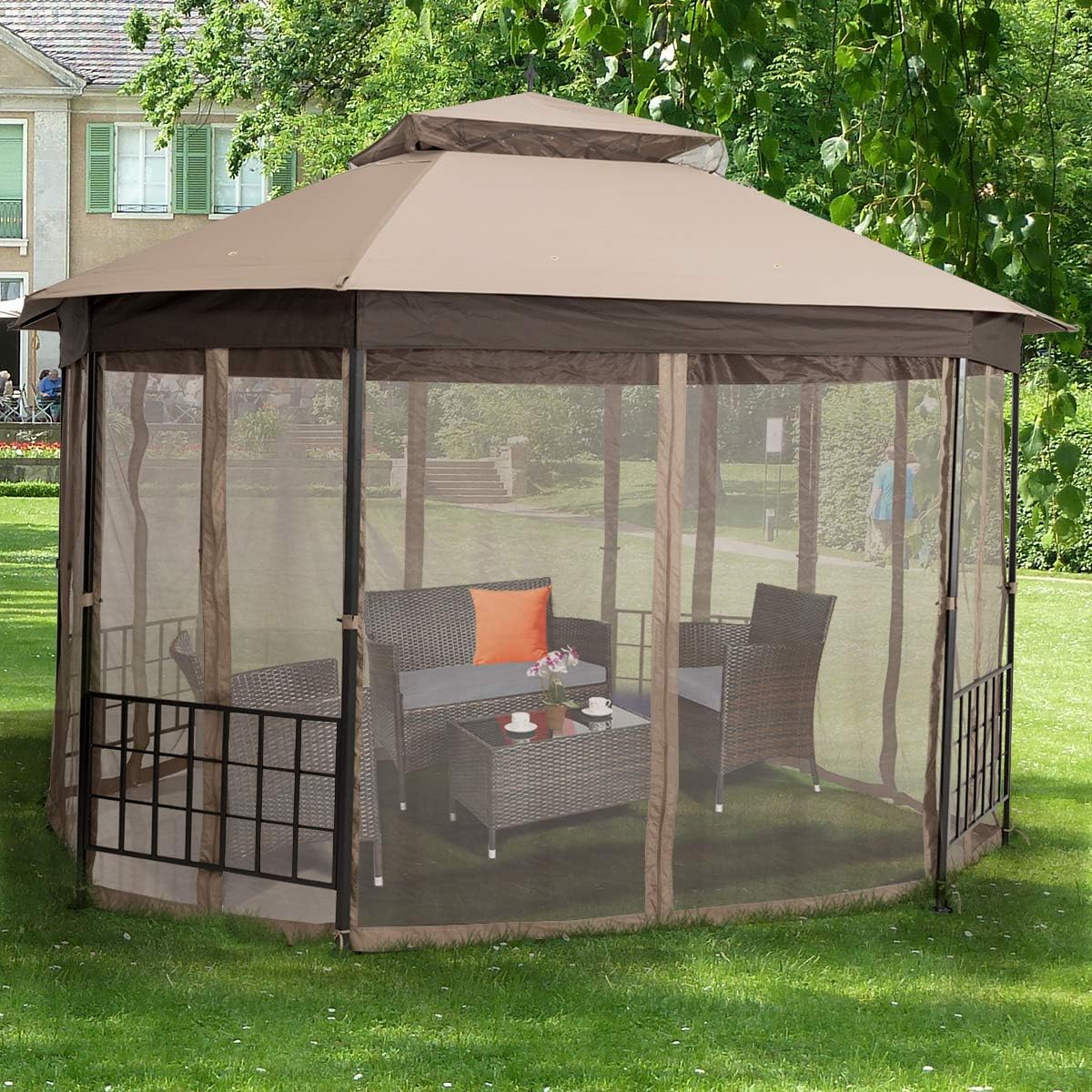 Tangkula 10 x 12 Ft Patio Gazebo, Heavy Duty Octagonal Canopy with Netting Sidewalls & Sturdy Steel Frame, Double Roof Vented Shelter for Backyard Event Party BBQ (Brown)