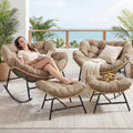 BULEXYARD 4 PCS Rocking Papasan Chair with Ottoman, 2 Person Patio Egg Rocker with Brown Cushion, Double Rocking Chair for Reading/Relaxing, Comfortable Wicker Recliner for Balcony, Porch, Garden