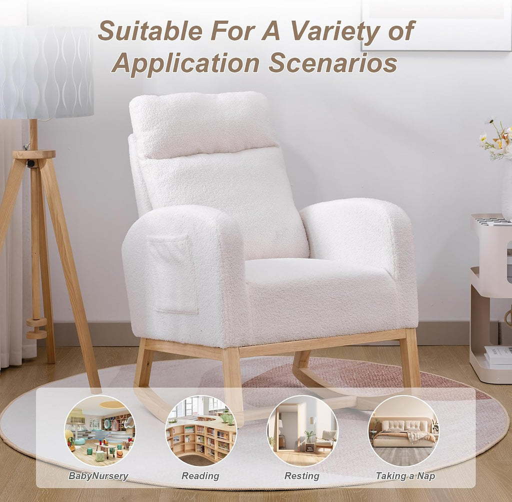 Nursery Rocking Chair with Solid Wood Legs, Glider Chair for Nursery with Side Pocket, Rocker Armchair for Living Room Bedroom (White, Teddy Fabric)