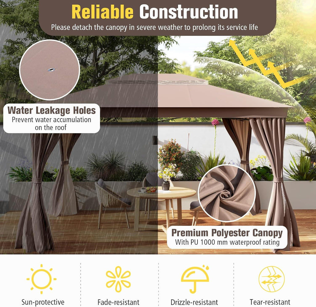 Tangkula 10x13 FT Outoor Gazebo, Metal Patio Gazebo with Mesh Netting & Privacy Curtains, Heavy-Duty Metal Frame, 2-Tier Vent for Yard Deck Poolside