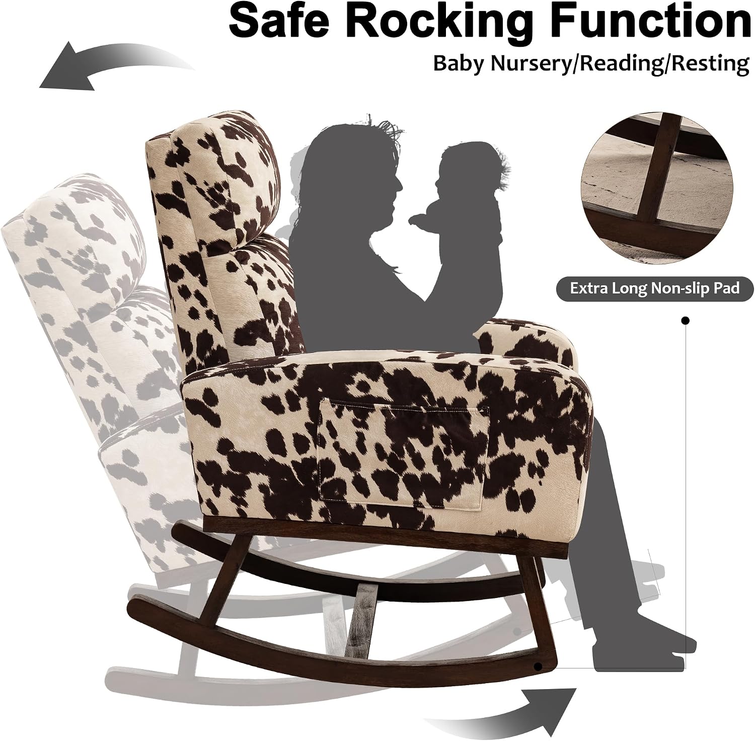Nursery Rocking Chairs, Cow Printed Fabric Glider Chair Nursery Chair for Mom with High Backrest, Side Pocket and Extended Wood Legs for Bedroom Living Room, Cow