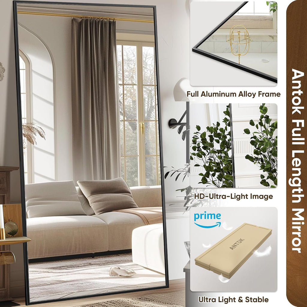 Antok Full Length Mirror, 44'x88' Floor Mirror with Stand, Hanging Mounted Mirrors for Bedroom, Living Room, Cloakroom, Dining Room, Black, Rect