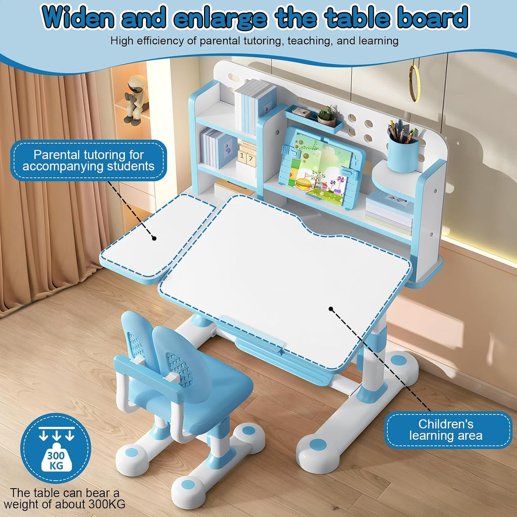 Kids Desk and Chair Set, Height Adjustable Kids Study Desk with Widened Tabletop,Tiltable Reading Stand, Spine Protect & Prevent Myopia, for Boys & Girls 3+ (Blue 2)