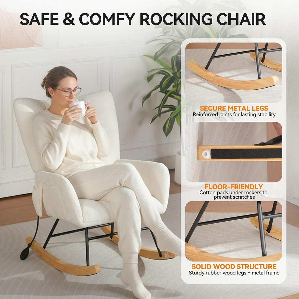 Rocking Chair with Airbag, Comfy Modern Reading & Nursing Nursery Rocking Chair Indoor, Cozy Upholstered Glider Rocker Chairs for Living Room Bedroom Offices, (Chenille, White)