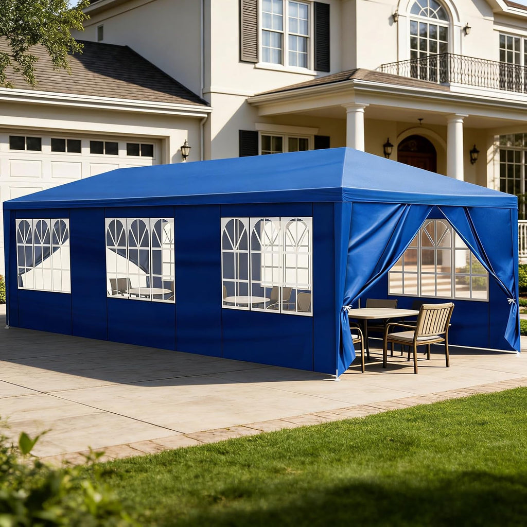 Party Tent for Outdoor Weddings, Birthdays, Events - Patio Gazebo Carport Canopy Shade With Removable Sidewalls & Transparent Window (10'x30'/8 Sidewalls Blue)