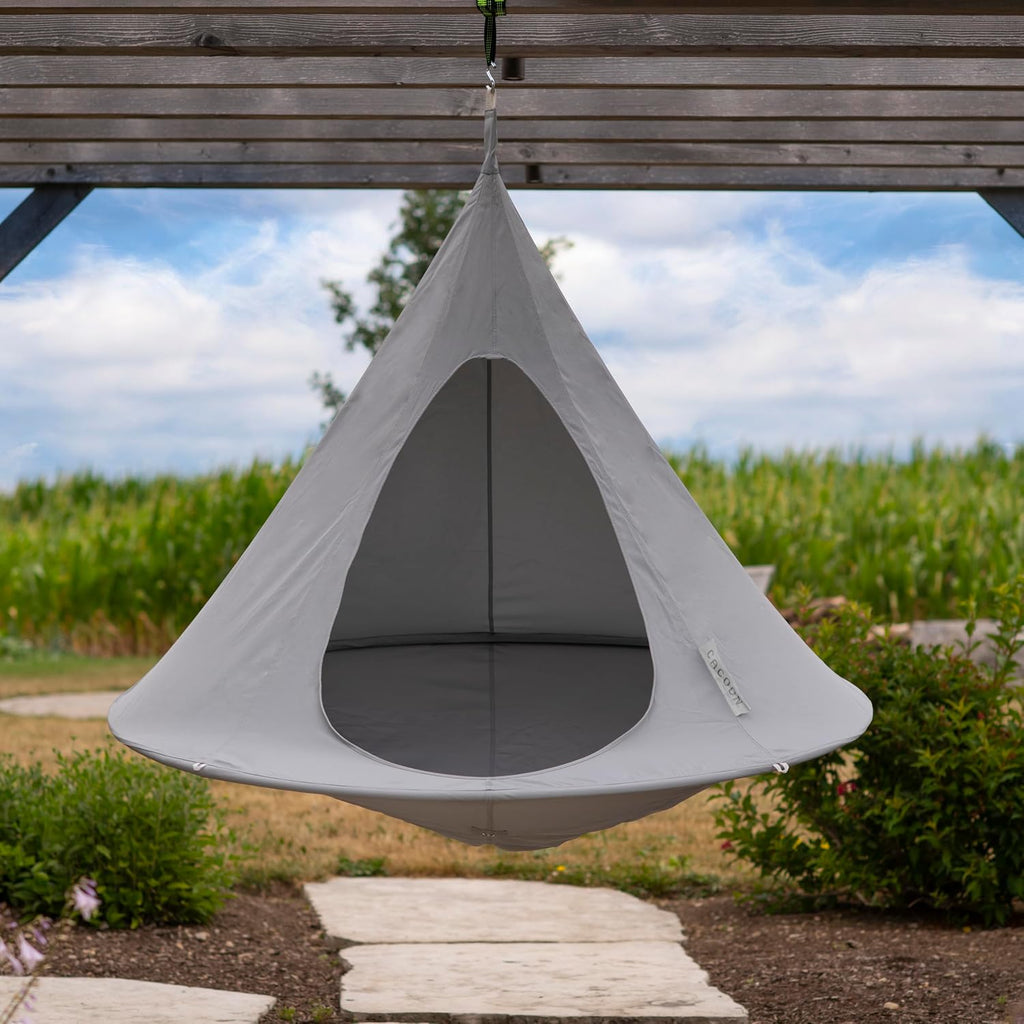 Double Cacoon Hanging Chair for Two – Cozy Indoor/Outdoor Hammock with Polyester Canvas, 440 lb Capacity, Includes 18ft Rope & Carabiner (Moon River)