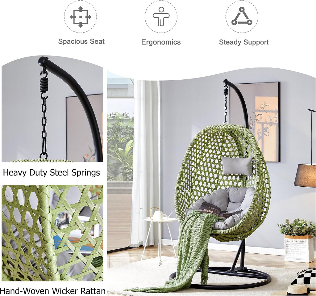Egg Chair Indoor Outdoor, Hanging Chair for Bedroom, Swing Chair Hammock with Stand & Cushions, Comfy Swinging Chair Adult Reading Chair for Patio Balcony Backyard, Heavy Duty 350LBS, Green