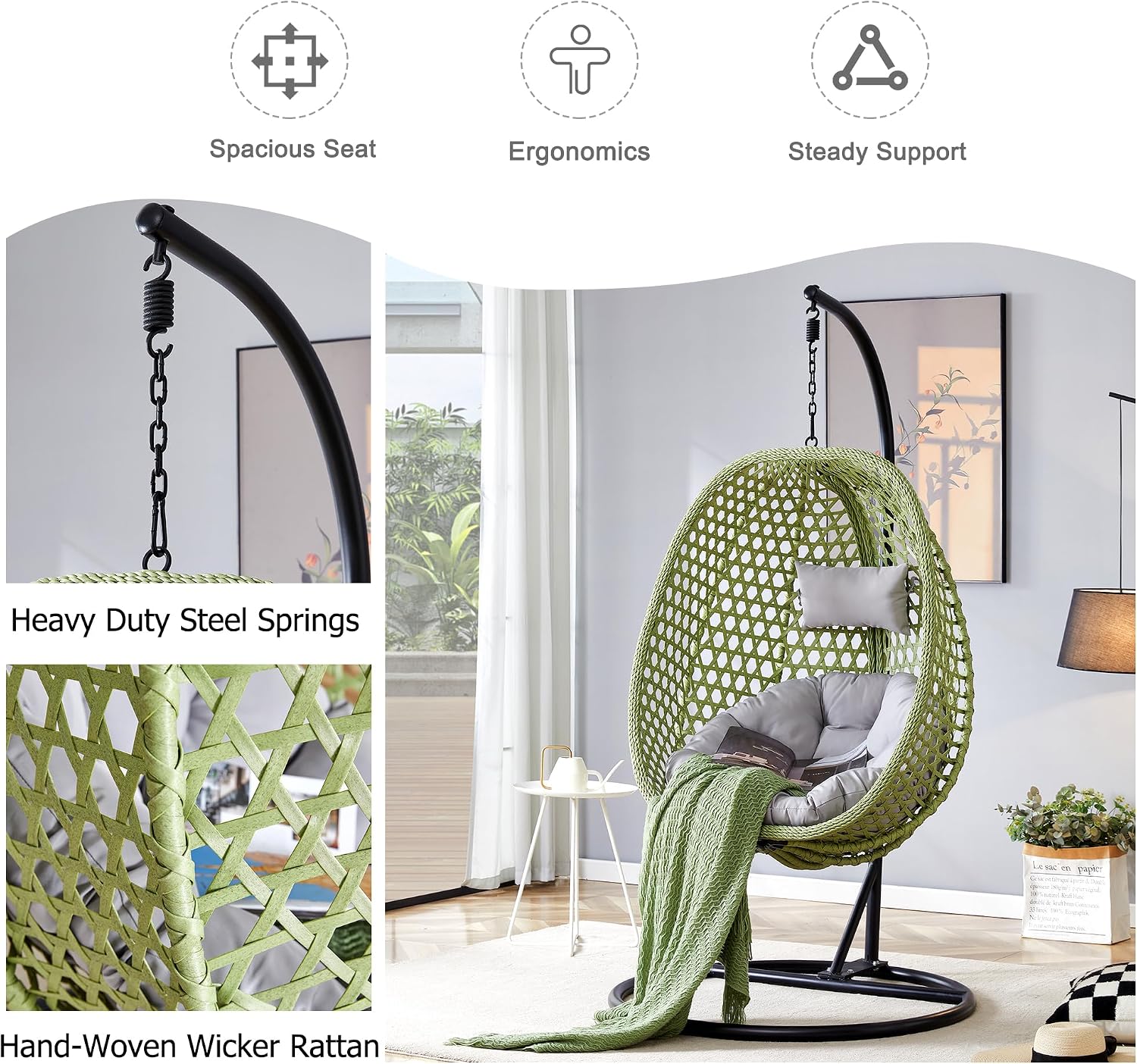 Hanging Egg Chair with Stand & Cushions, Outdoor and Indoor Hammock Rattan Swing Chair 350 lbs Capacity with Aluminum Steel Frame for Patio, Balcony, Backyard and Living Spaces (Green)