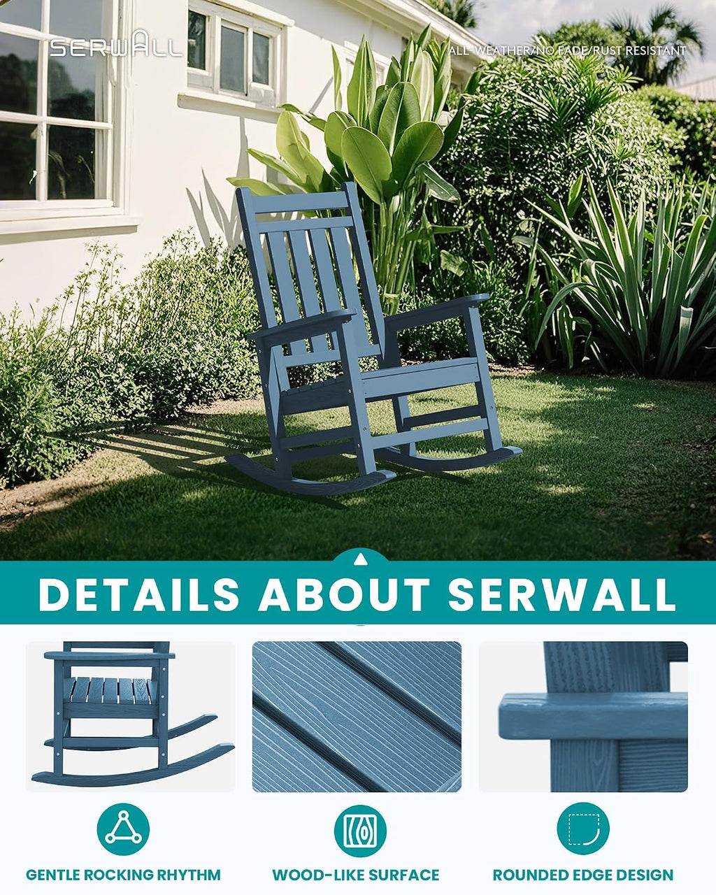 SERWALL HDPE Outdoor Rocking Chair Set of 8, Patio Rocking Chairs for Adults, All Weather Outdoor Rockers for Lawn, Blue