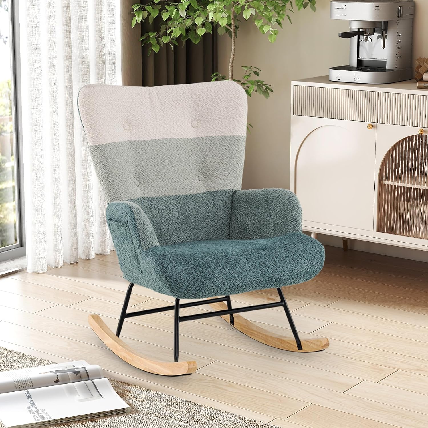 Giantex Nursery Rocking Chair Set of 2, Boucle Upholstered Glider Rocker Accent Chair w/Ergonomic High Backrest, Rubber Wood Legs & Side Pocket, Modern Armchair for Living Room, Bedroom, Striped Green