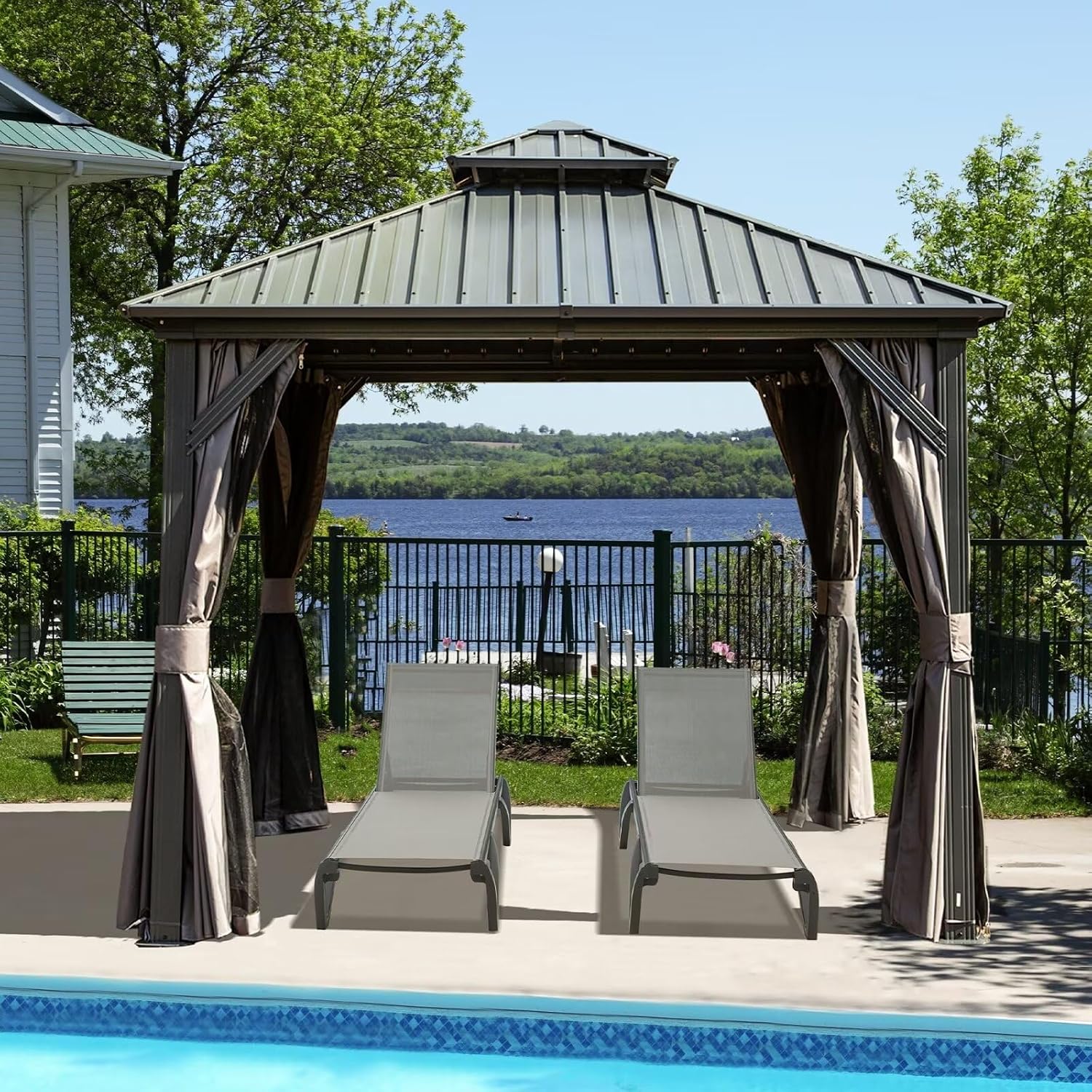Domi 8x8FT Outdoor Gazebo, Patio Gazebo with Galvanized Steel, Hardtop Gazbo for Patio, Deck, Backyard, Curtain and Netting Included