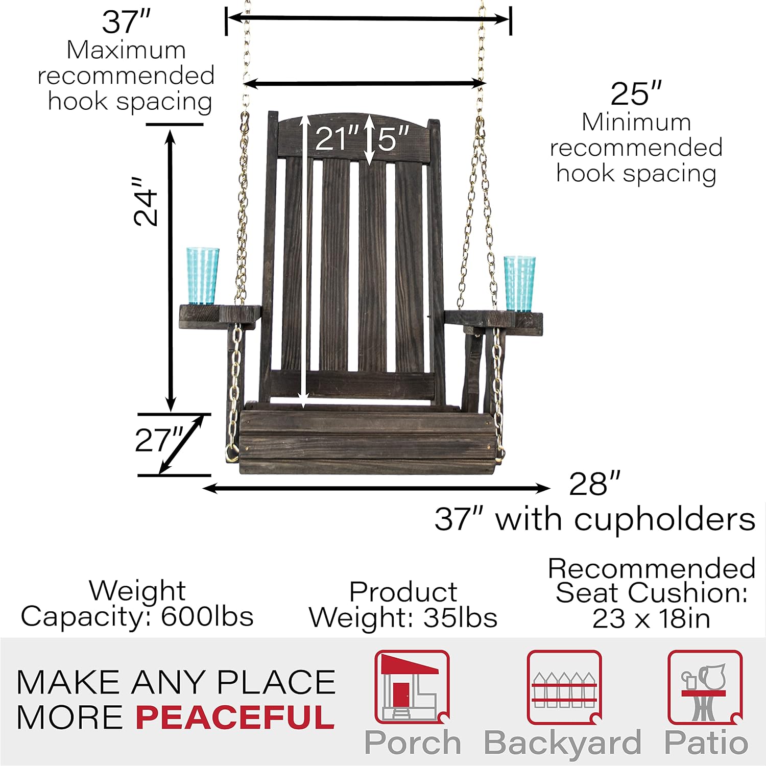 Amish Casual Heavy Duty Mission Pressure Treated Swing Chair with Cupholders (Semi-Solid Black Stain)
