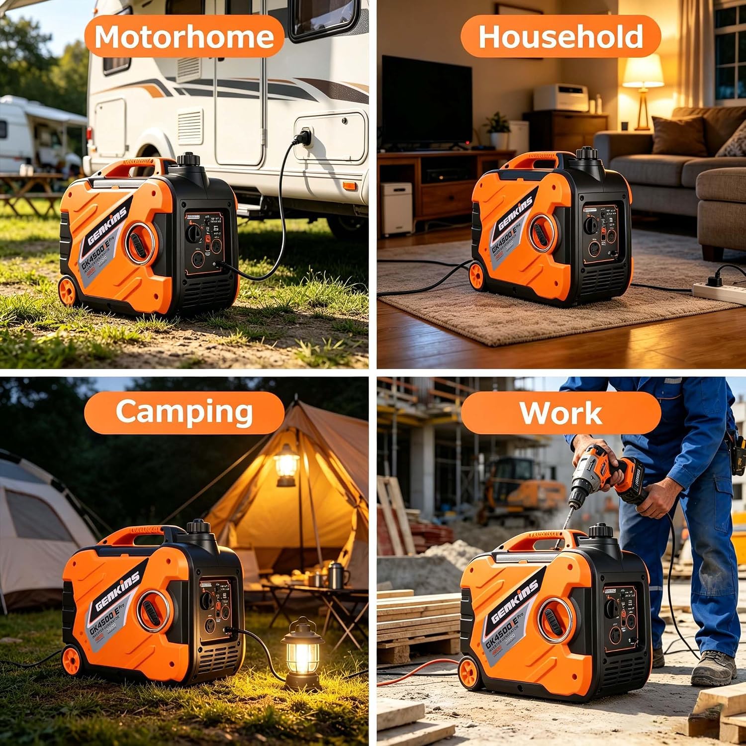 Genkins Portable Inverter Generator 4500W Gas Powered Pure Sine Wave Lightweight Quiet Parallel Capability for Camping RV Home Backup (Electric start)