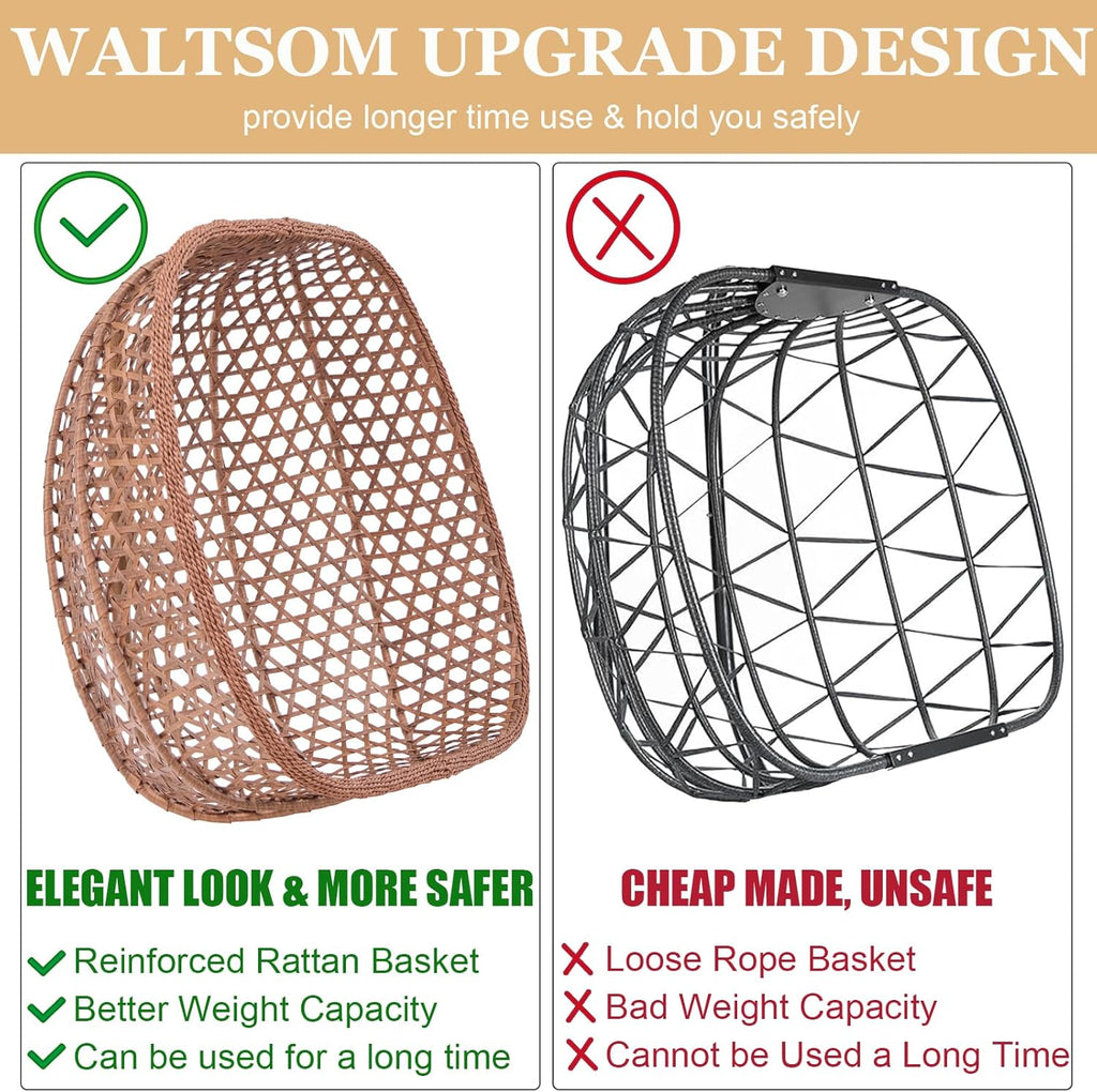 Double Swing Egg Chair with Stand, Hexagon Rattan Wicker Swing Chair Outdoor, Large 2 Person Patio Hanging Chair with Foldable Loveseat Removable Cushions (Beige)