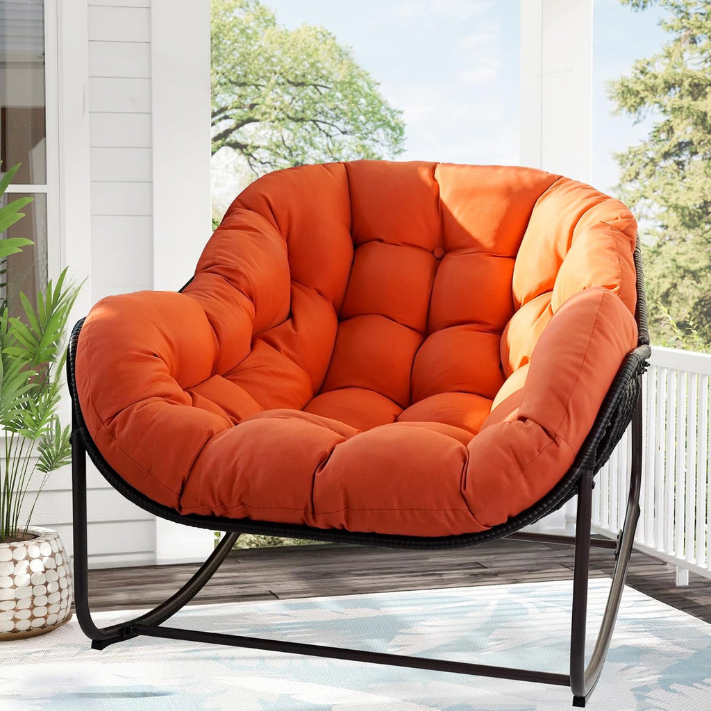 Papasan Rocking Chair, Oversized Papasan Chair with Cushion and Frame for Indoor& Outdoor, Deep Seat Egg-Shaped Rocker Chair for Garden, Deck, Living Room, Red