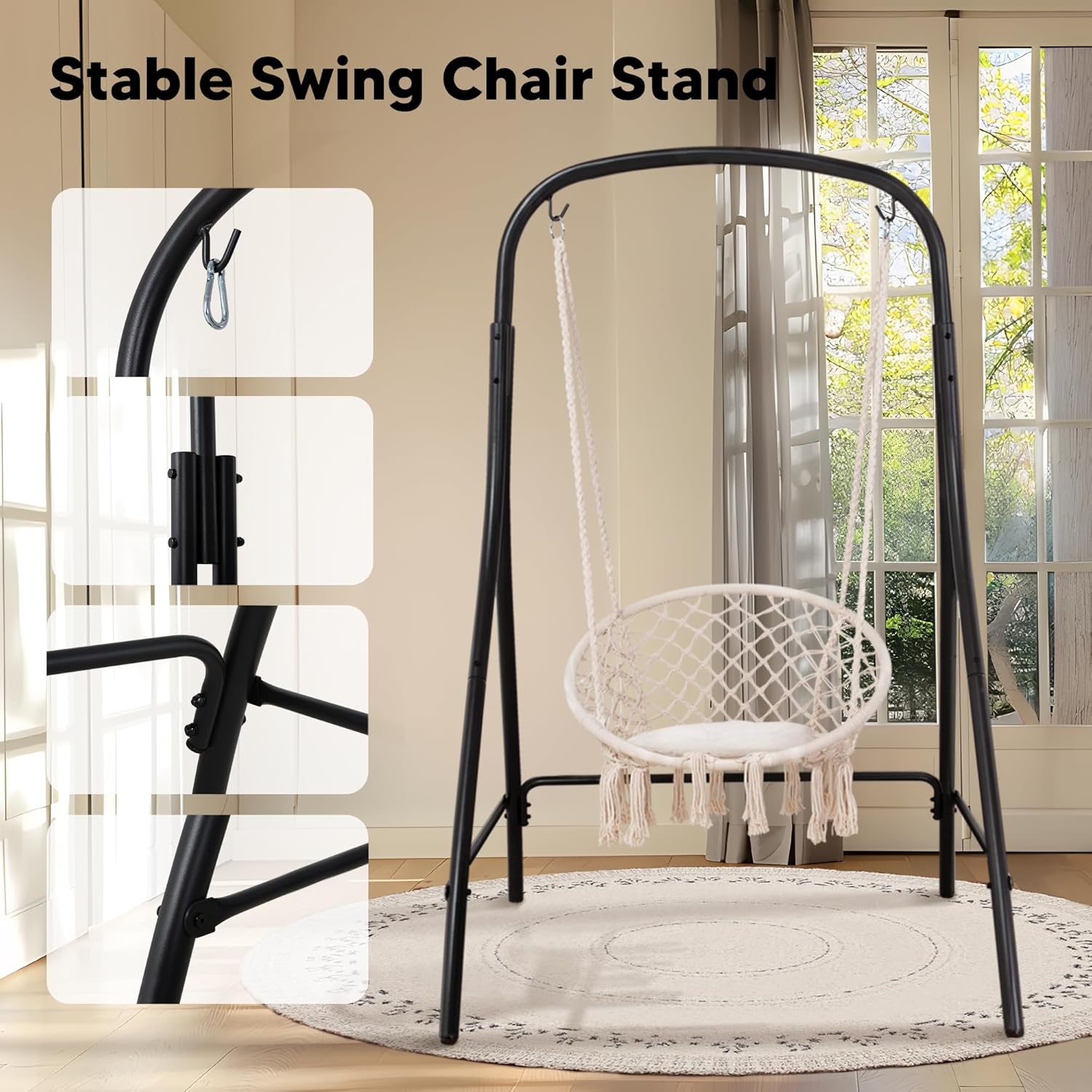 SUNCREAT Indoor Hammock Swing Chair with Stand, Hanging Chair Outdoor with Stand, 400 lbs Capacity, Beige