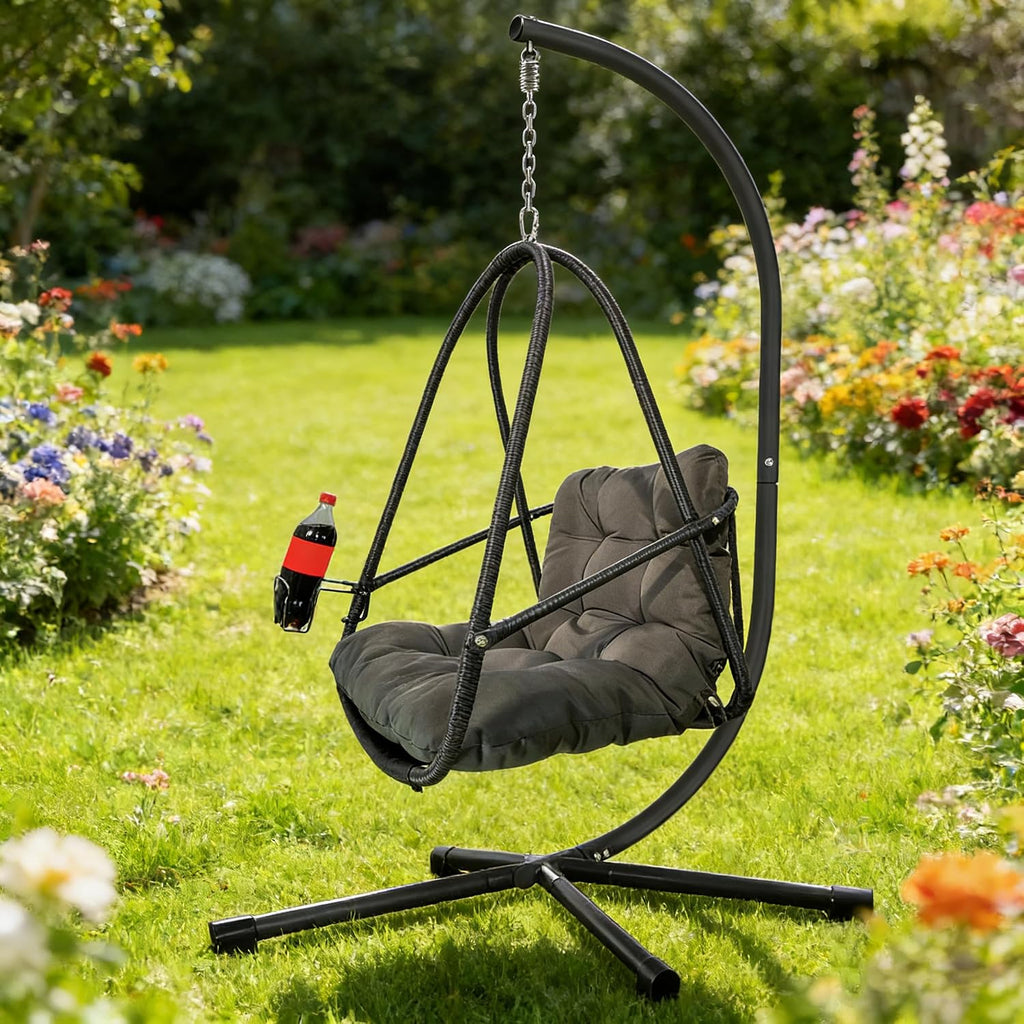 JESE Swing Egg Chair with Stand - UV Resistant & Waterproof Cushion Included, with Cup Holder - Indoor/Outdoor Hanging Hammock Chair Suitable for Patio, Bedroom, Balcony, Garden (Black)