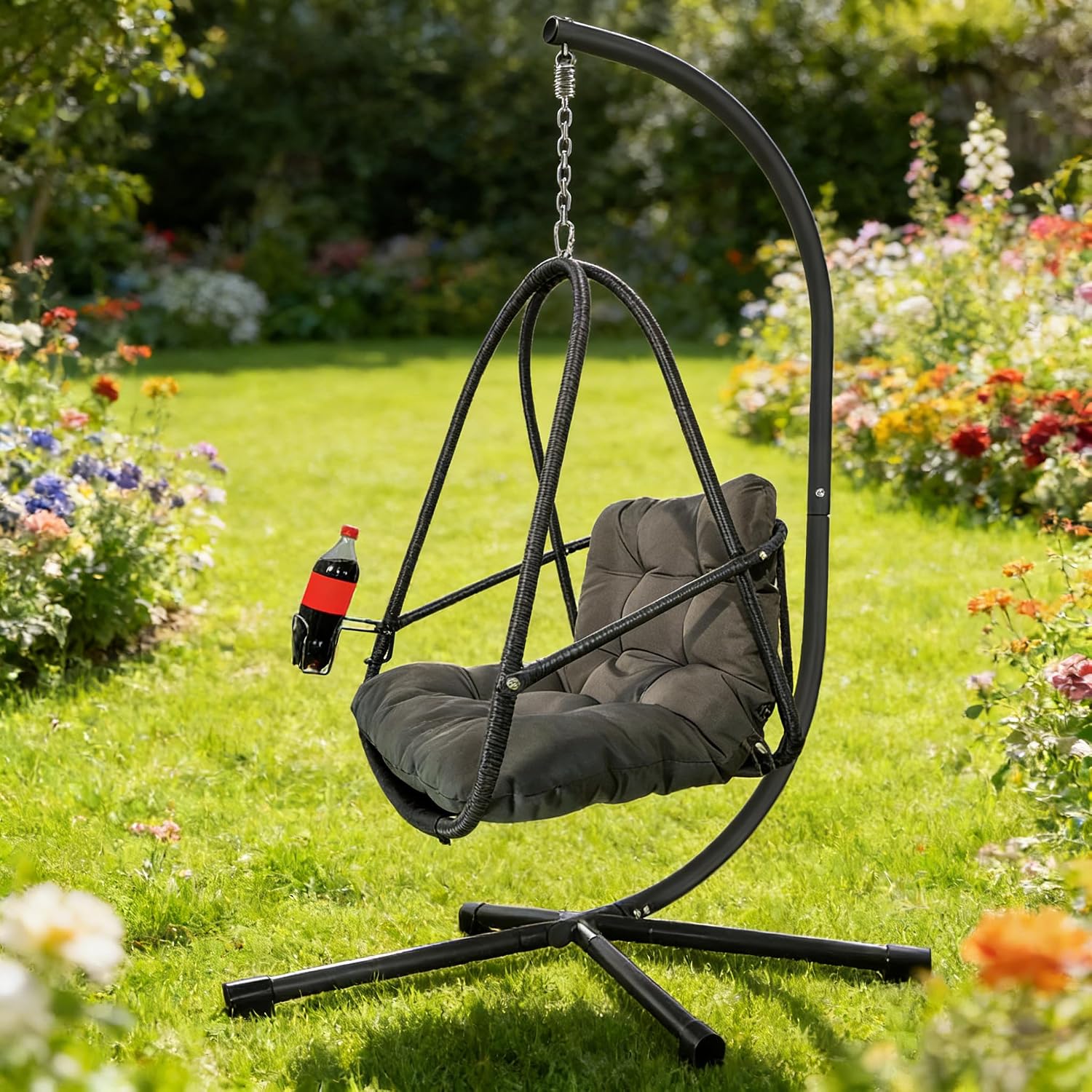JESE Hanging Egg Chair with 304 Stainless Steel Hook: Indoor Woven Rattan Swing Chair, Foldable Design, Cup Holder & Cushion, 350lb Weight Capacity for Balcony, Garden, Patio