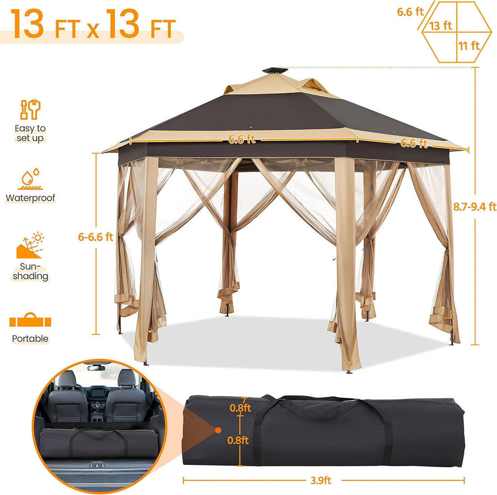 Topeakmart Instant Pop-up Gazebo 13 x 13 Canopy Tent Shelter with 25 Solar LED Lights, Mesh Netting Sides, Storage Bag, Bonus Weight Sandbags, Stakes, Ropes, Khaki & Brown