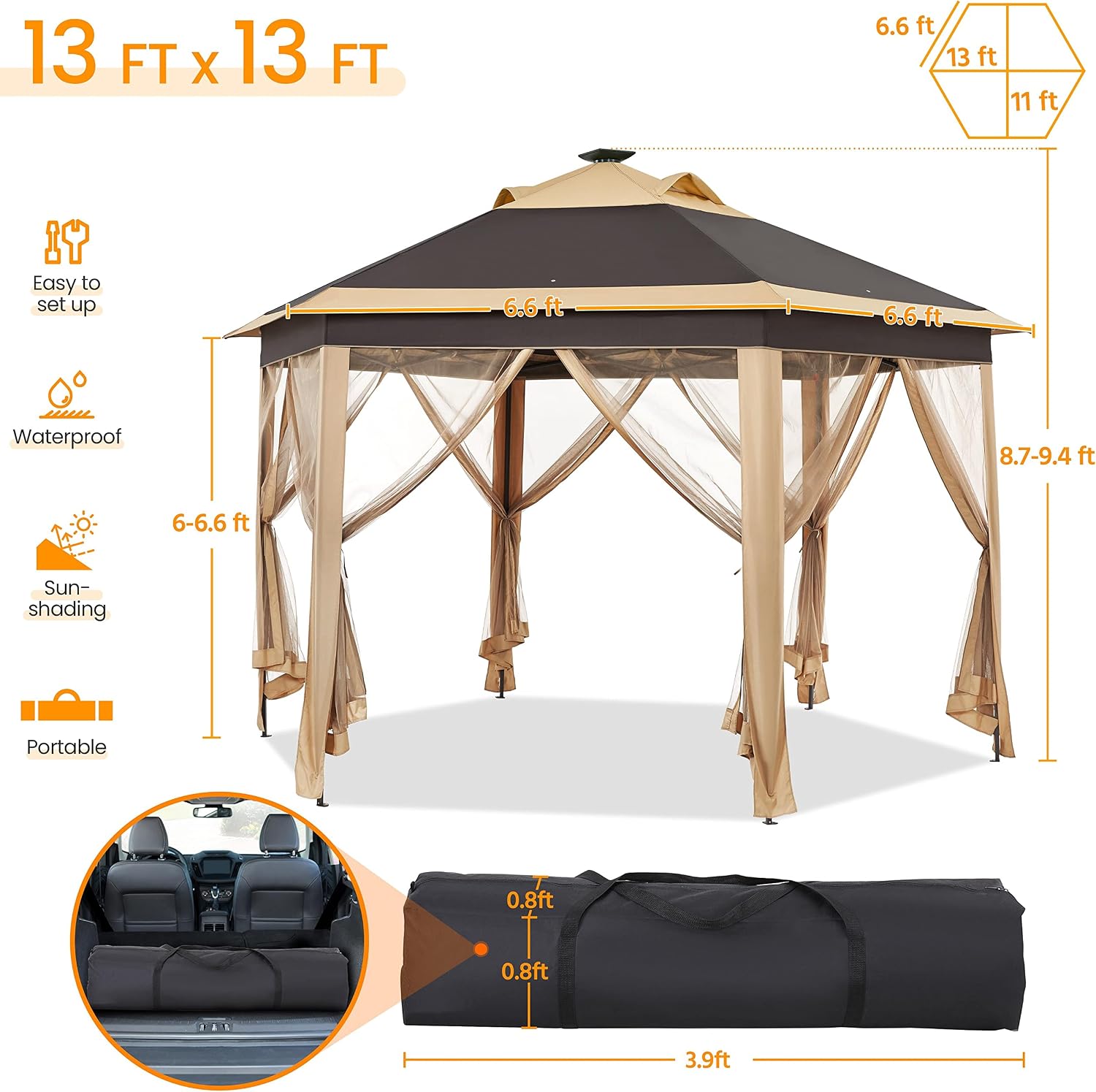 Topeakmart Instant Pop-up Gazebo 13 x 13 Canopy Tent Shelter with 25 Solar LED Lights, Mesh Netting Sides, Storage Bag, Bonus Weight Sandbags, Stakes, Ropes, Khaki & Brown