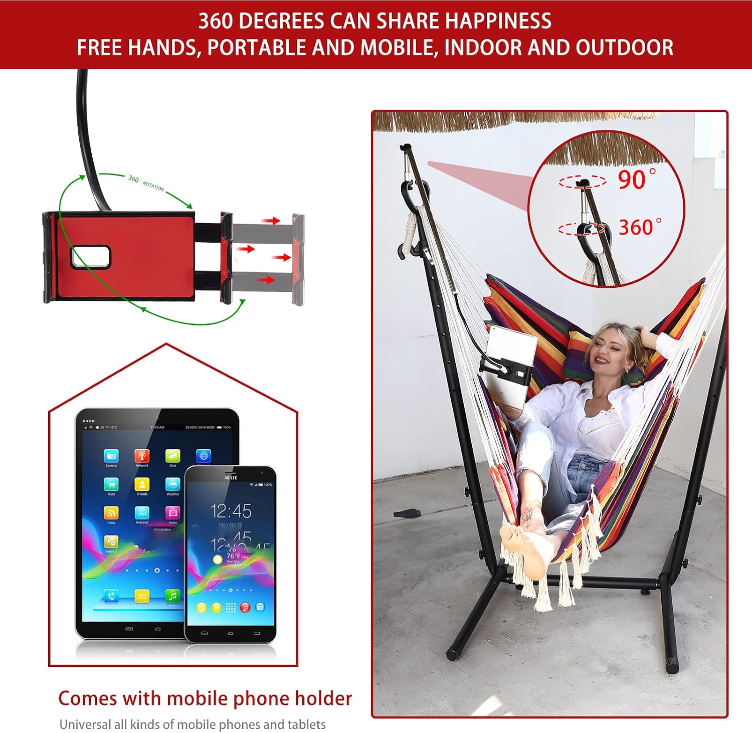ZEYU Hammock Chair with Stand Double Hammock Chair Bohemian Style with Tassel Mobile Phone Support Manual Adjustable Swing Indoor and Outdoor Garden Porch with Floor mat Reclining Capacity 400 pounds