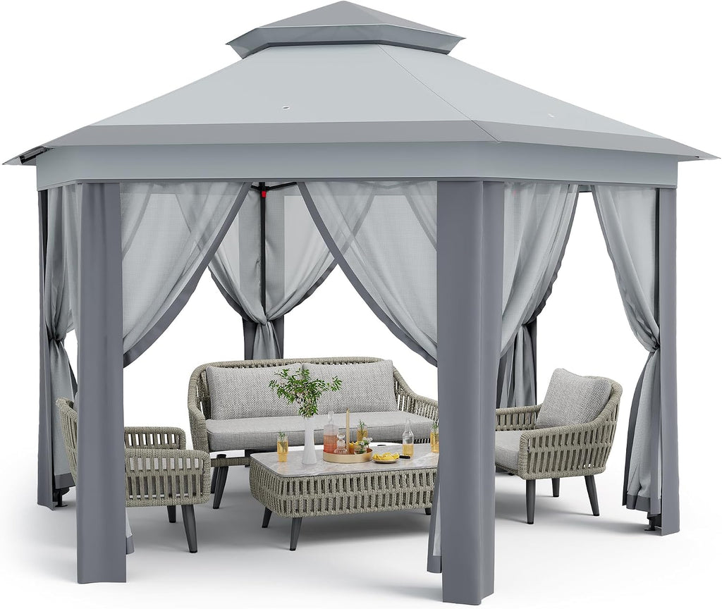 13x13 Pop Up Gazebo Outdoor Hexagonal Canopy Tent with Mosquito Netting Sides Instant Patio Canopy Shelter, Rain & UV Resistant PA Coated Fabric, for Patios, Garden, Parties, Lawns Backya