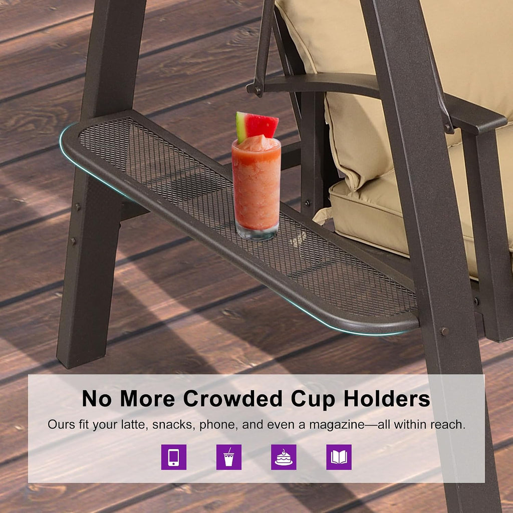PURPLE LEAF 2-Seat Porch Swing with Adjustable PVC Canopy Metal Patio Bench Glider Swing Bed Outdoor Swing Chair with Stand and Side Cup Holder for Outside Garden Porch, Cushion and Pillows Included