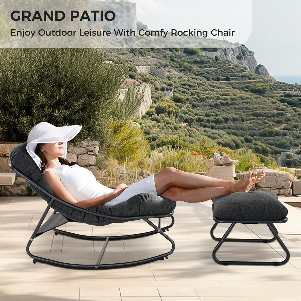 Grand patio Rocking Chair with Foot Stool, Metal Outdoor Rocking Chair with Cushion and Foot Rest, Comfy Lounge Rocker for Living Room Porch Patio, Dark Gray