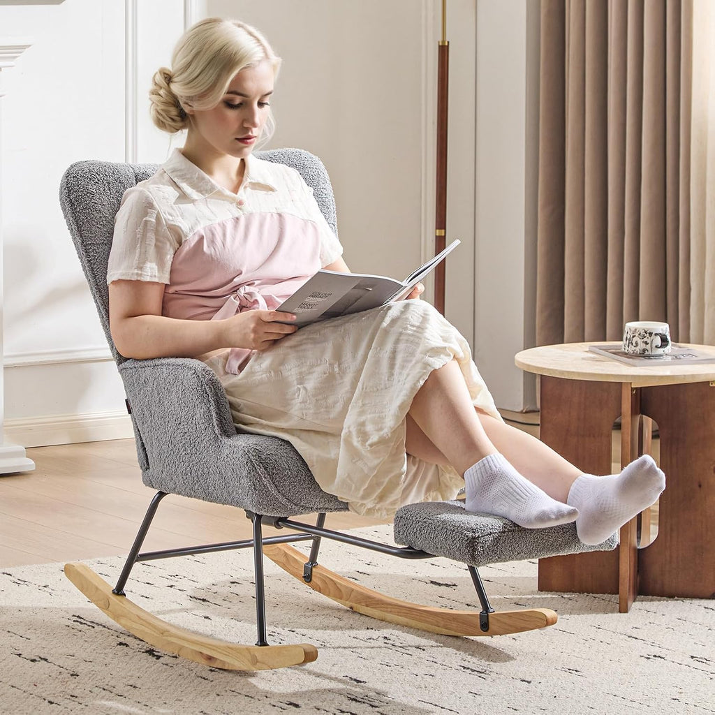 Furniliving Nursery Rocking Chair Upholstered Glider Rocking Chair Modern Accent Chair with Retractable Footrest Reading Chair with High Backrest Comfy Chair for Living Room, Grey, Teddy