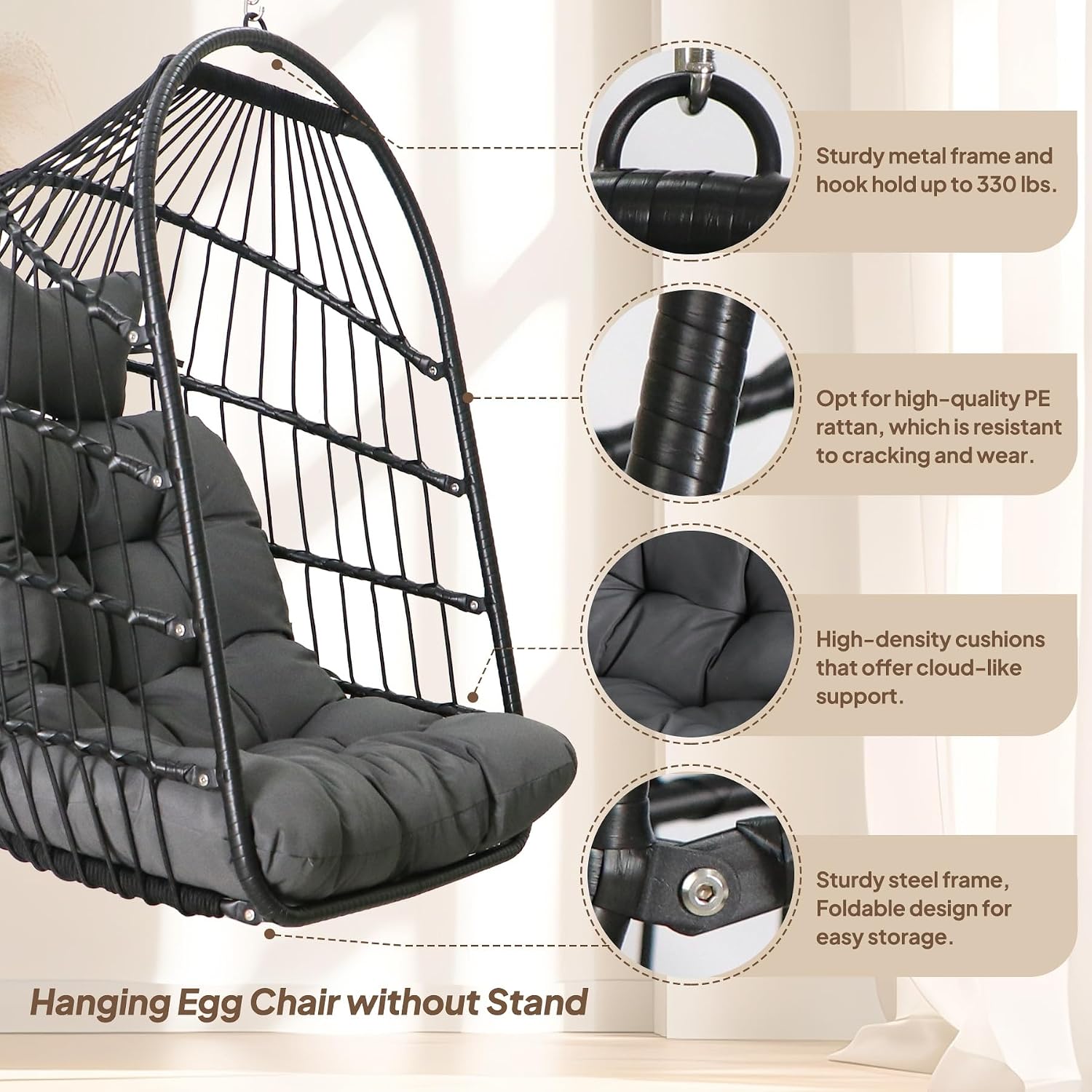 Chihee Egg Chair Foldable Wicker Rattan Hanging Swing Chairs Indoor Outdoor Patio Wicker Chair Hammock Chair with Stainless Steel Hanging Kit Chain Link UV Resistant Cushion Bedroom Balcony