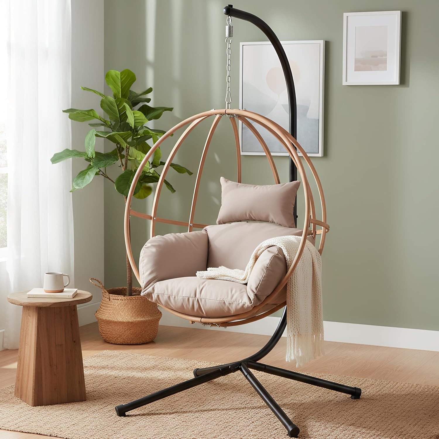 Egg Chairs with Stand, Egg Swing Chair Outdoor, Hanging Swinging Chairs with Stand for Balcony, Swing Egg Chair with Cushion 400LBS Capacity, Brown