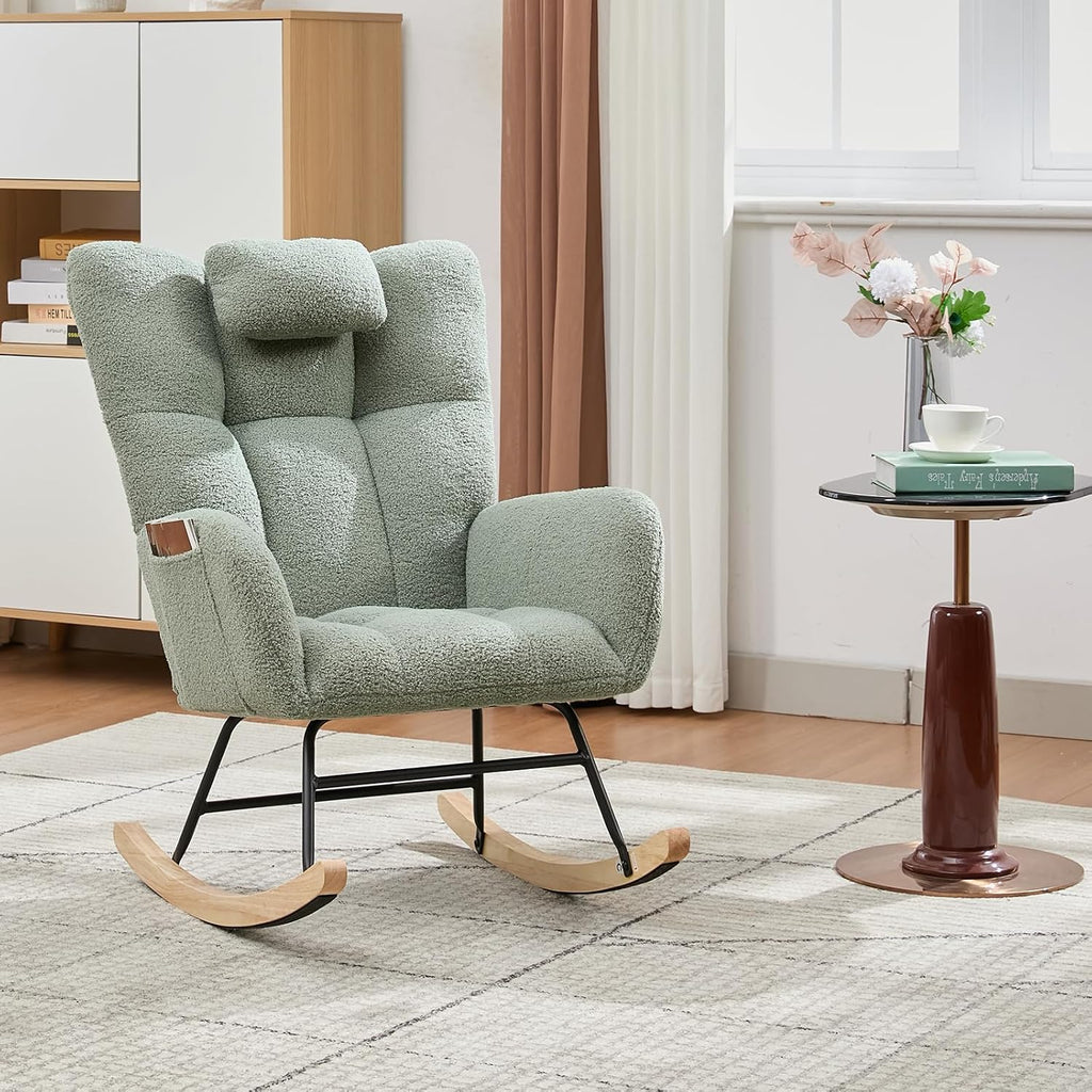 Nursery Rocking Chair,300Lb Glider Chair with Wood Legs/Two Side Pockets,Teddy Upholstered Glider Rocker with Padded Seat High Backrest for Living Room/Bedroom/Nursery