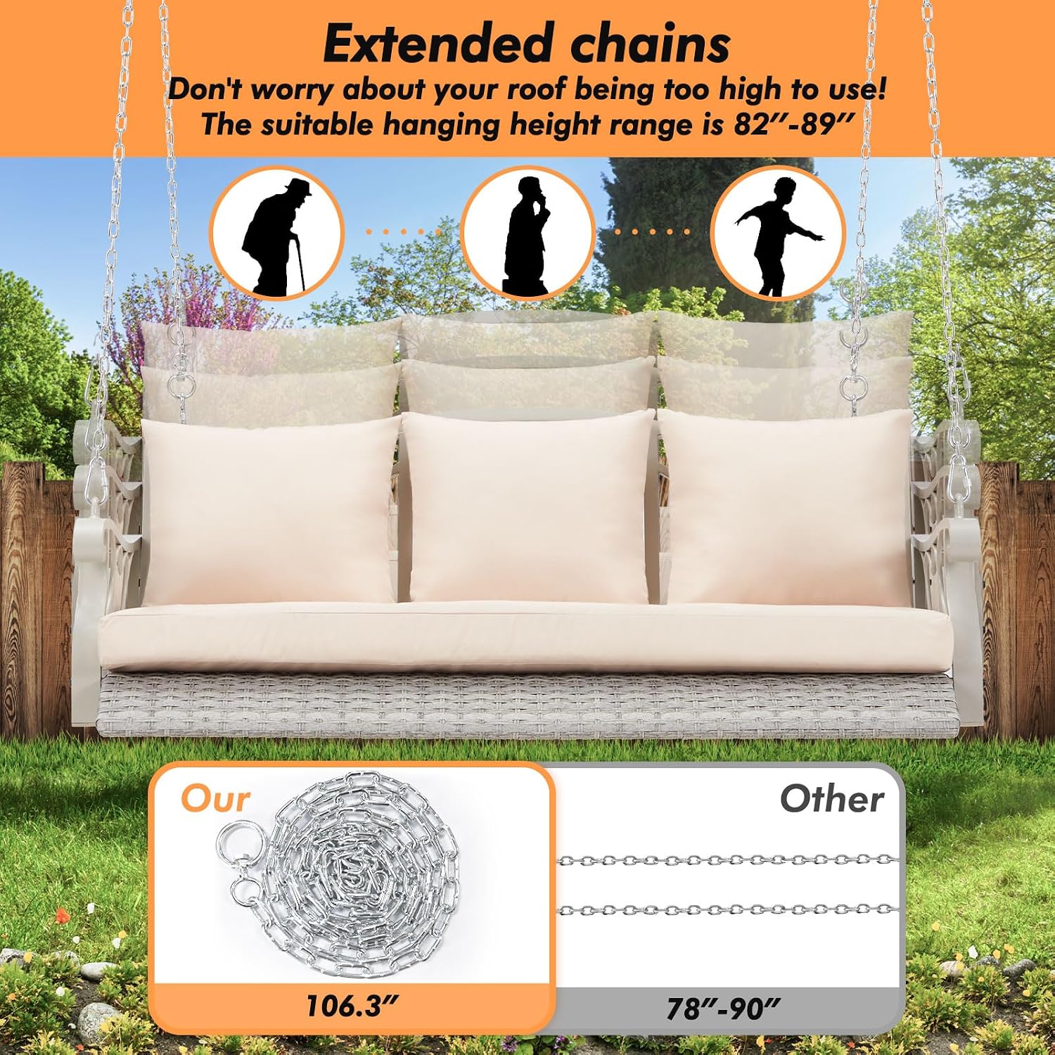 ZZW 3-Person Wicker Porch Swing Chair Heavy Duty 900 LBS Outdoor Rattan Patio Swing Chair w/Cup-Holder & Steel Chains Hanging Bench Porch Swing Cushions for Deck & Backyard & Garden