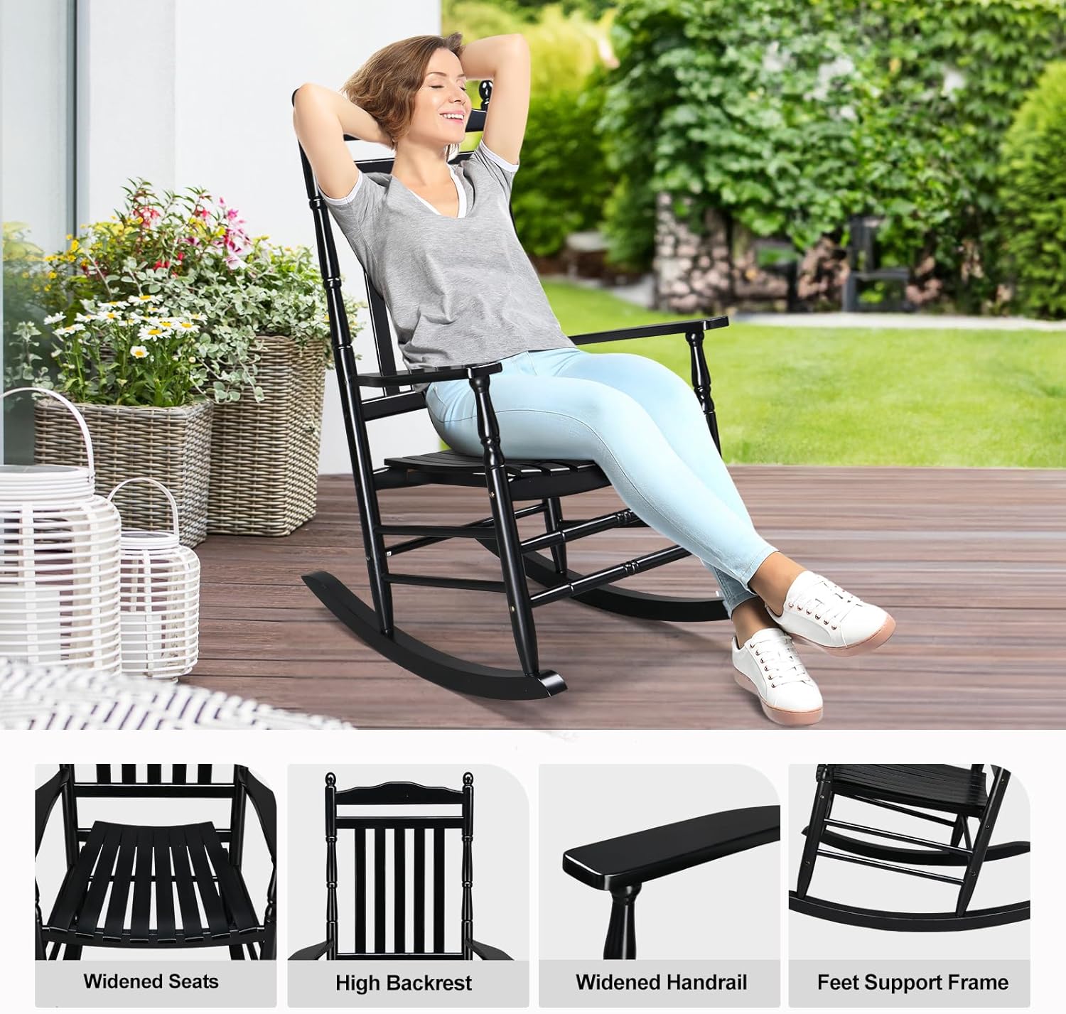 VINGLI Wooden Rocking Chair Outdoor Set of 2, Patio Rockers with High Back, Support 450 LBS Rocking Chairs, for Porch, Patio, Balcony, Garden, Yard (Black, 2 PCS)