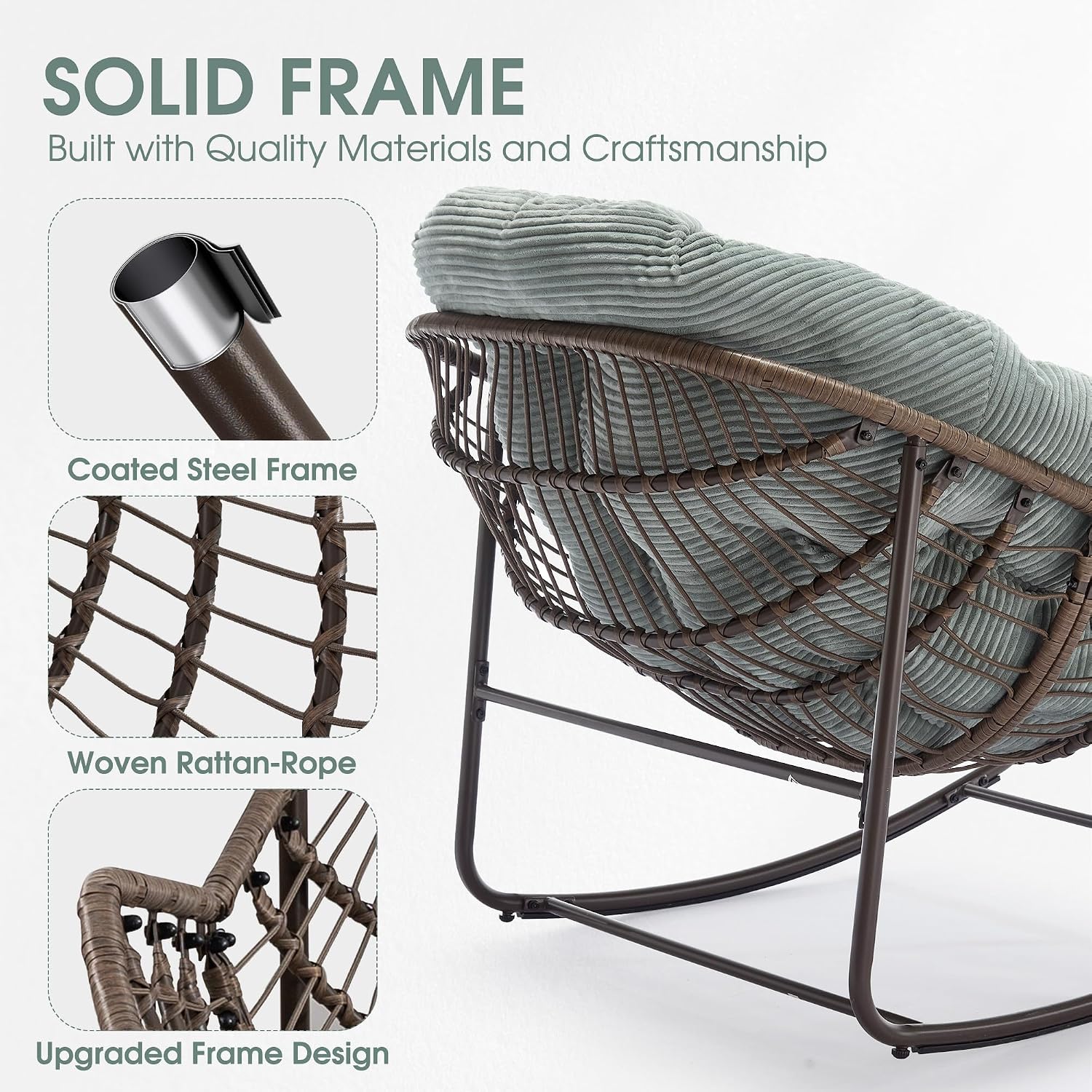 Oversized Papasan Rocking Chair - Outdoor Luxury Comfy Patio Chair, Indoor Egg Royal Rattan Rocking Chair with Strip Velvet Cushion for Front Porch Lounge Lawn Bedroom Living Room (Green)