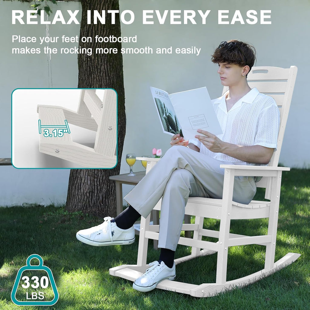 PLUUV Outdoor Rocking Chair with Removable Footboard for Adults, HDPE High Back Patio Rocking Chairs, 330lbs All Weather Porch Rocking Chairs for Outdoor & Indoor -White