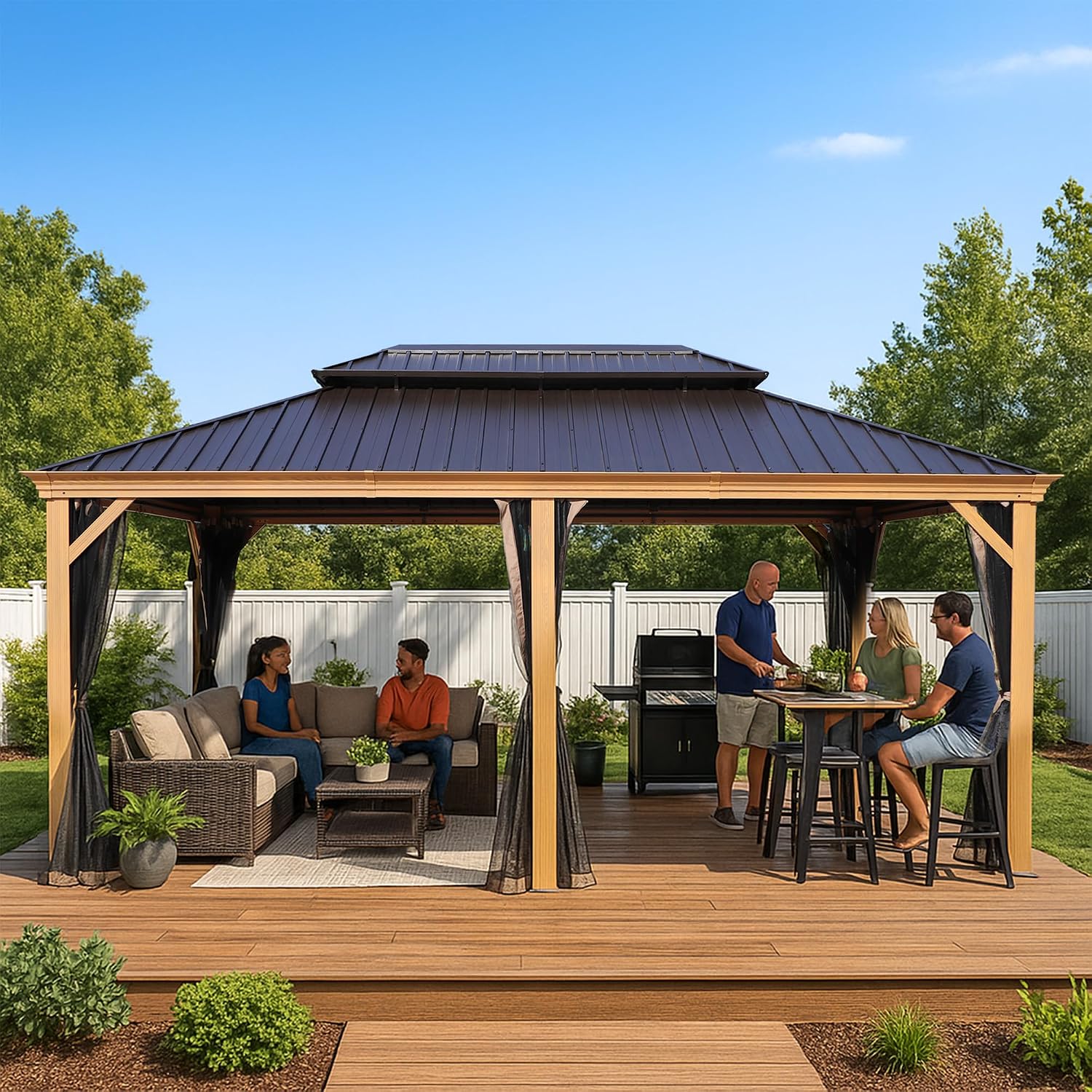 Kozyard Apollo 12'x18' Hardtop Gazebo, Wooden Coated Aluminum Frame Canopy with Galvanized Steel Double Roof, Outdoor Permanent Metal Pavilion with Netting for Patio, Deck and Lawn (12ft x18ft)