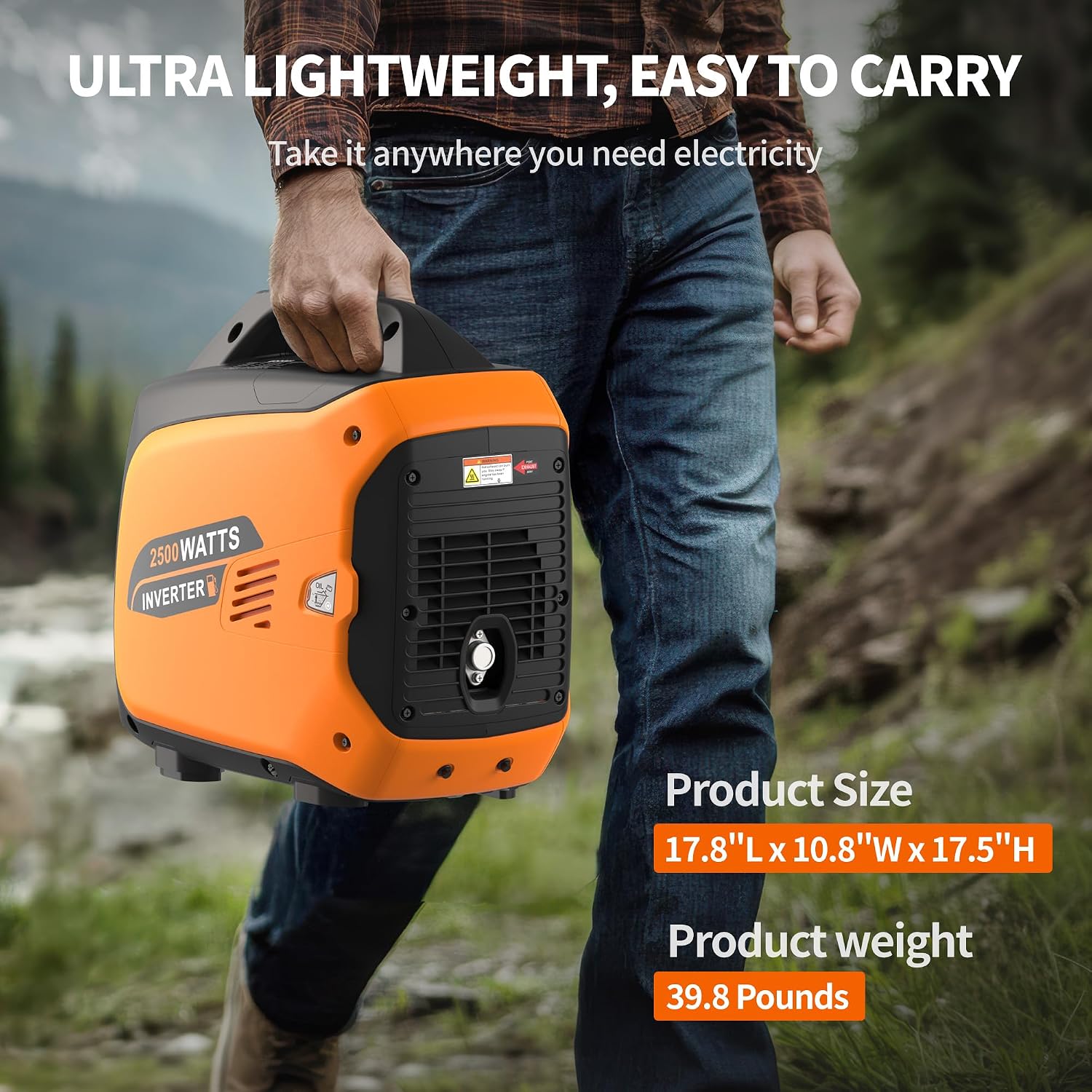 2500W Portable Inverter Generator, Super Quiet Long Runtime Gas Generator for Home Use, with CO Sensor, Parallel Capable, for Camping, RV, Tailgating, Emergency Backup, EPA Compliant (Orange)