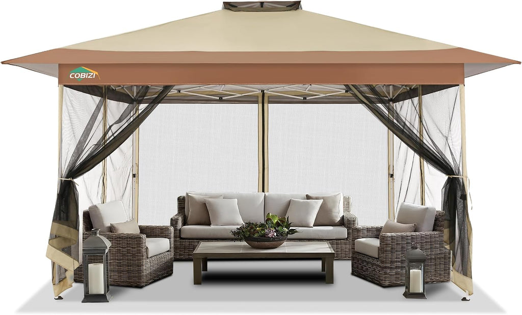 COBIZI 10x15 FT Pop up Gazebo on Clearance - Outdoor pop up Heavy Duty Canopy Tent,carpas para Patio,Screen Tents with Portable Carry Bag, Patio Gazebos for Camping, Garden, Deck, Backyard, Khaki