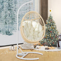 TWT Hanging Egg Chair with Stand, 330lbs Capacity Patio Wicker Egg Swing Chair with UV Resistant Cushion for Bedroom Garden Indoor Outdoor (Beige)