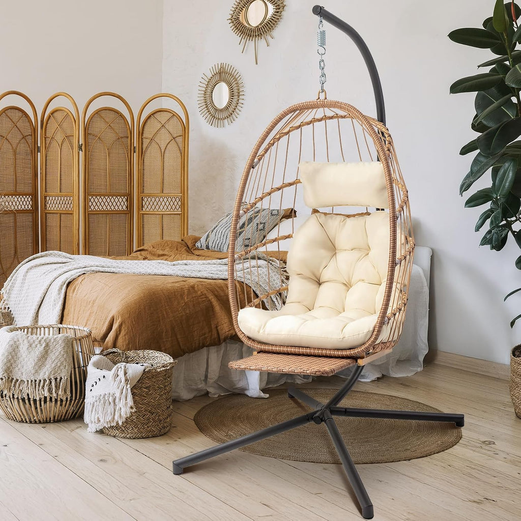 Brafab Hanging Egg Chair with Stand and Footrest, Wicker Egg Swing Chair Indoor Outdoor Aluminum-Steel Frame and UV Resistant Cushion, Patio Lounge Hammock Chairs for Bedroom 370LBS Capacity, Begie